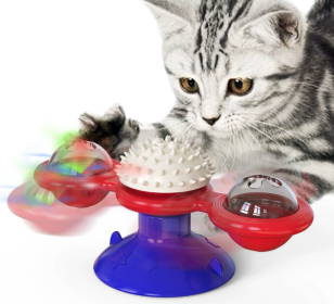 Cat Entertainment Set- Interactive Rotating Disk, Feather Teasers, Tumbler, Windmill Toy - Keeps Cats Active & Engaged (Color: Blue)
